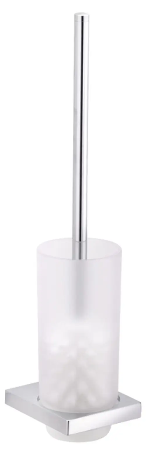 Toilettenbürstenhalter aus mattem Glas mit Edelstahlgriff und quadratischem Sockel in modernem Design.